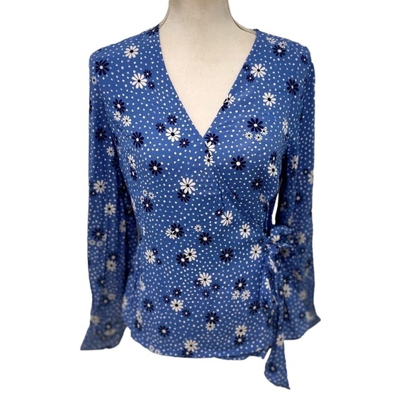 NWT Talbots poet sleeve faux wrap blouse daisy flower periwinkle blue medium pet - Picture 1 of 14